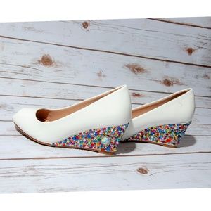 Rainbow Gemstone Peep Toe Slip on Wedge Pump